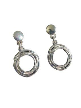 Silver Circle Drop Earrings Textured Abstract Lightweight Stud Hoop Mom Gift
